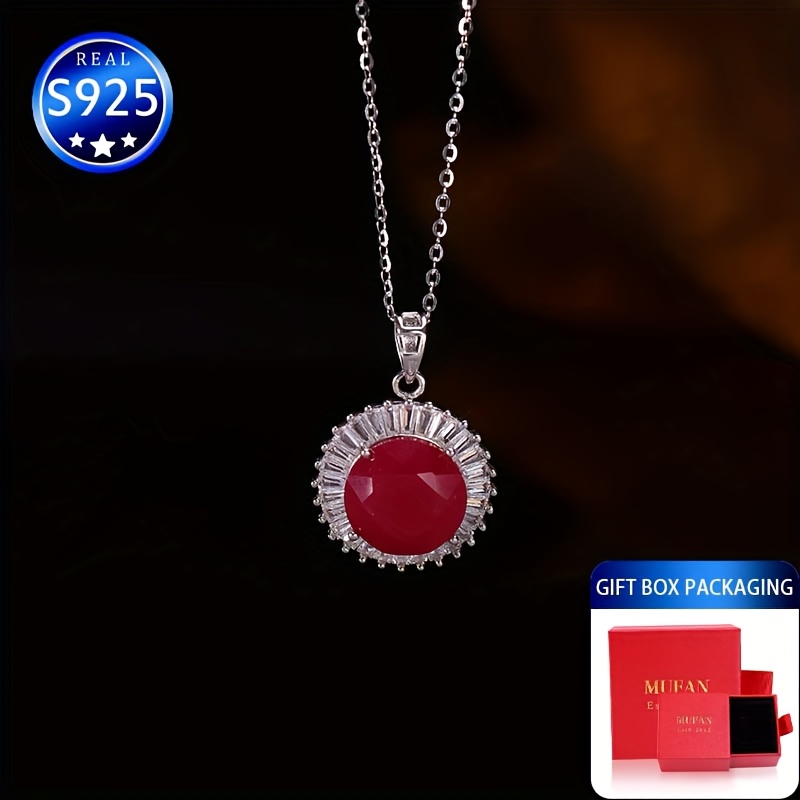 S925 Silver Rose Red Synthetic Gemstone Necklace for Daily Wear Wedding